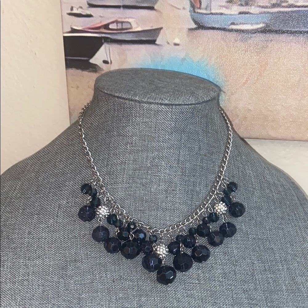Vintage 90s CHAPS Silver Toned Alloy & Gray Glass & Rhinestones  Necklace